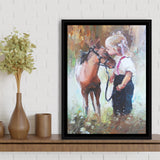 Cute Girl & Her Horse Painting Art  Framed Canvas Prints Wall Art, Floating Frame, Large Canvas Home Decor