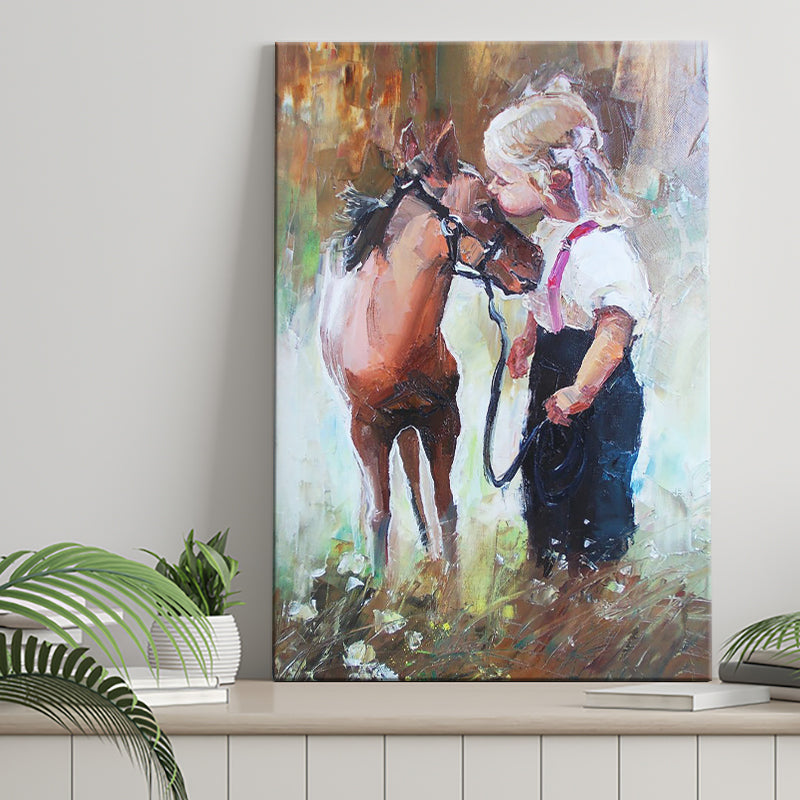 Cute Girl & Her Horse Painting Art  Canvas Prints Wall Art, Home Living Room Decor, Large Canvas
