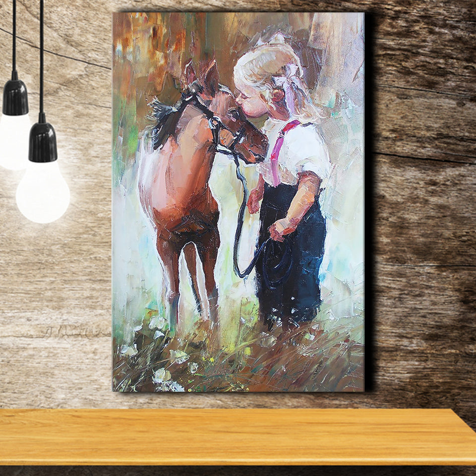Cute Girl & Her Horse Painting Art  Canvas Prints Wall Art, Home Living Room Decor, Large Canvas