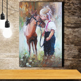 Cute Girl & Her Horse Painting Art  Canvas Prints Wall Art, Home Living Room Decor, Large Canvas