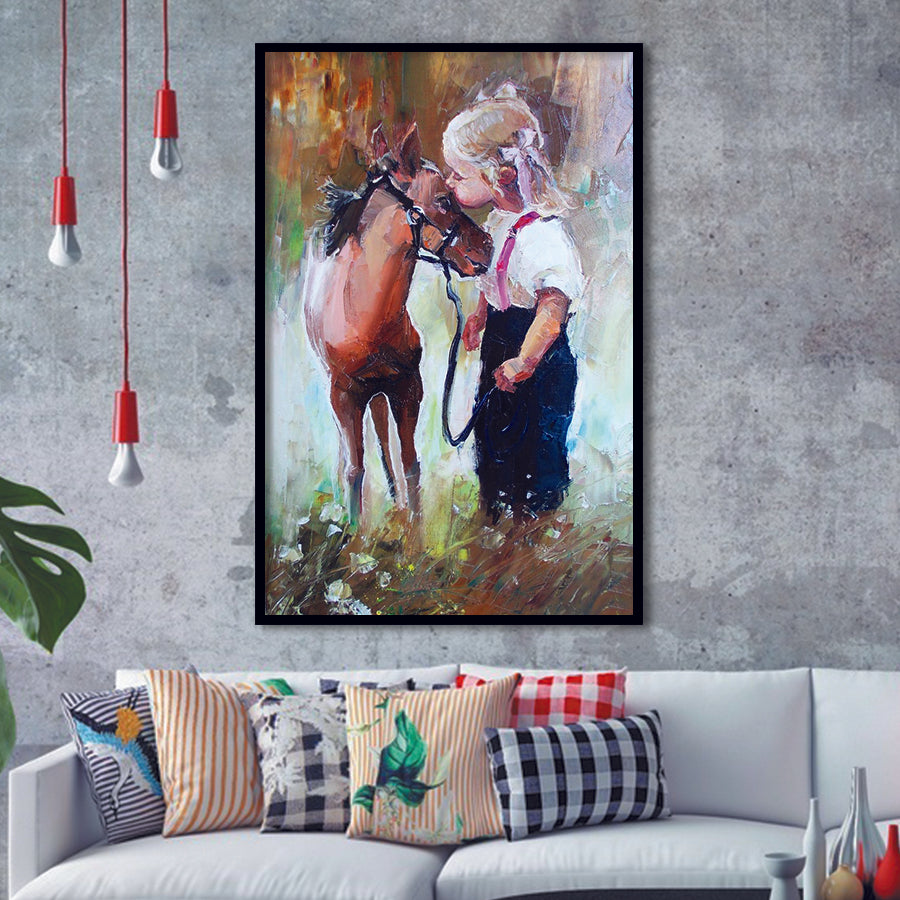 Cute Girl & Her Horse Painting Art  Framed Art Prints Wall Decor, Framed Picture, Large Picture