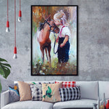 Cute Girl & Her Horse Painting Art  Framed Art Prints Wall Decor, Framed Picture, Large Picture