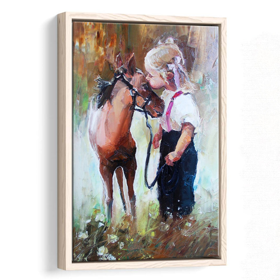 Cute Girl & Her Horse Painting Art  Framed Canvas Prints Wall Art, Floating Frame, Large Canvas Home Decor