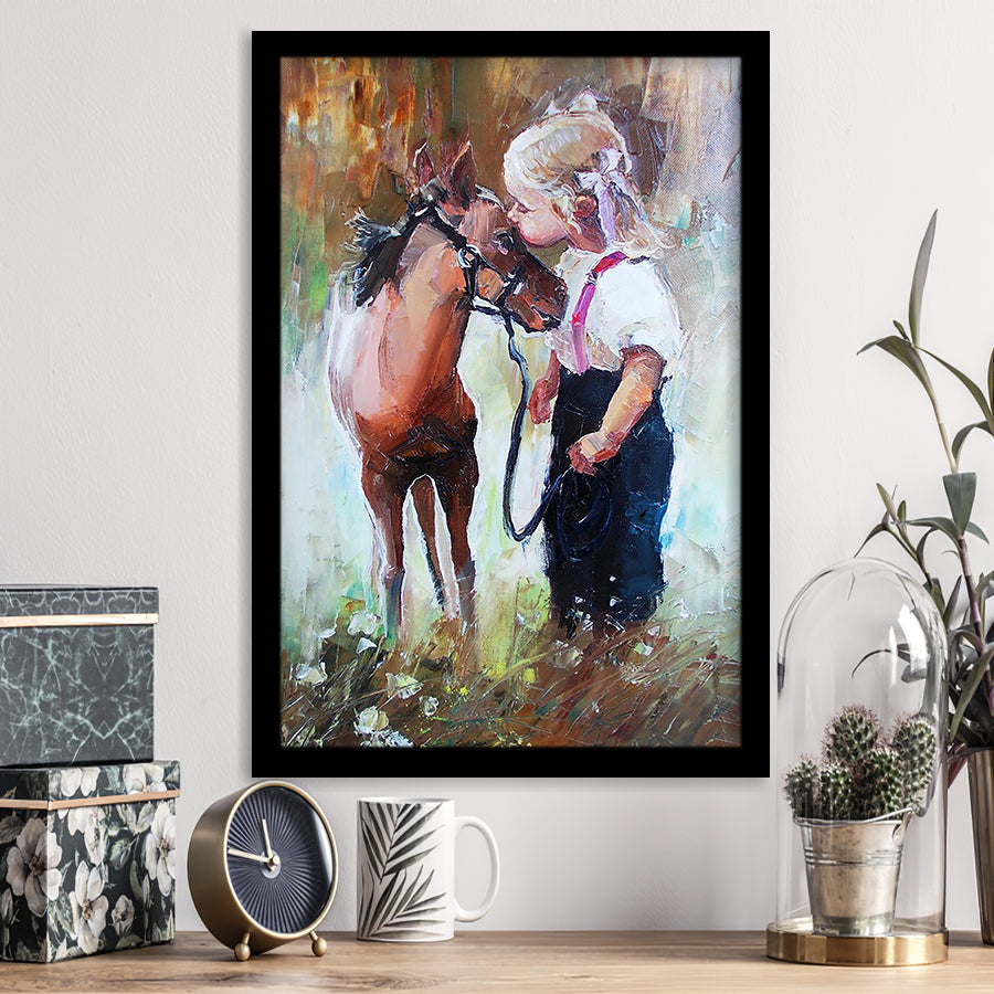 Cute Girl & Her Horse Painting Art  Framed Art Prints Wall Decor, Framed Picture, Large Picture