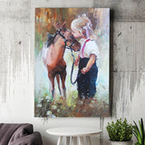 Cute Girl & Her Horse Painting Art  Canvas Prints Wall Art, Home Living Room Decor, Large Canvas