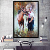 Cute Girl & Her Horse Painting Art  Framed Art Prints Wall Decor, Framed Picture, Large Picture