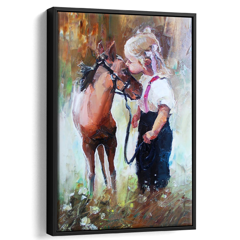 Cute Girl & Her Horse Painting Art  Framed Canvas Prints Wall Art, Floating Frame, Large Canvas Home Decor