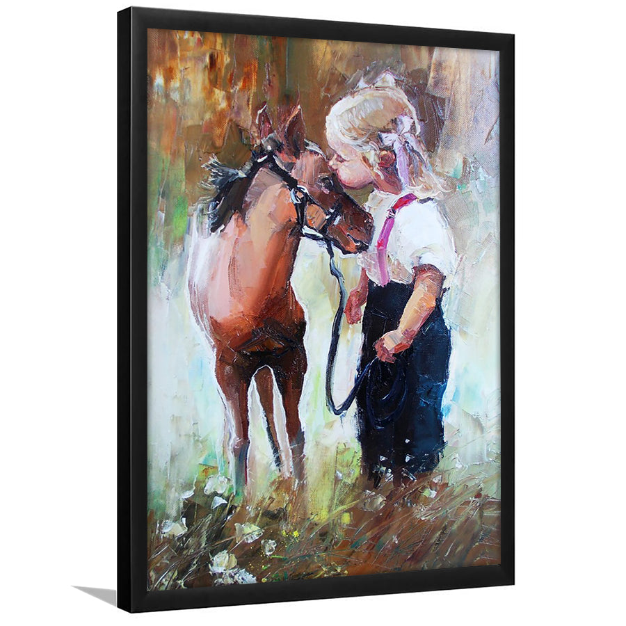 Cute Girl & Her Horse Painting Art  Framed Art Prints Wall Decor, Framed Picture, Large Picture