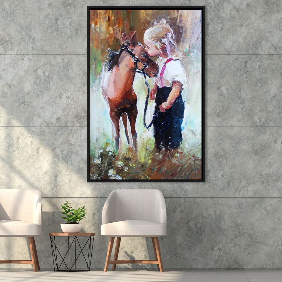 Cute Girl & Her Horse Painting Art  Framed Canvas Prints Wall Art, Floating Frame, Large Canvas Home Decor