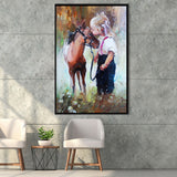 Cute Girl & Her Horse Painting Art  Framed Canvas Prints Wall Art, Floating Frame, Large Canvas Home Decor