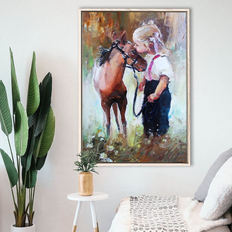 Cute Girl & Her Horse Painting Art  Framed Canvas Prints Wall Art, Floating Frame, Large Canvas Home Decor