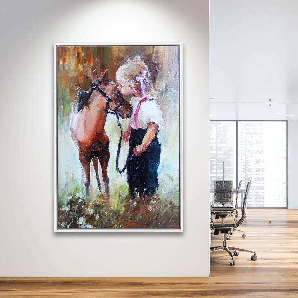 Cute Girl & Her Horse Painting Art  Framed Canvas Prints Wall Art, Floating Frame, Large Canvas Home Decor