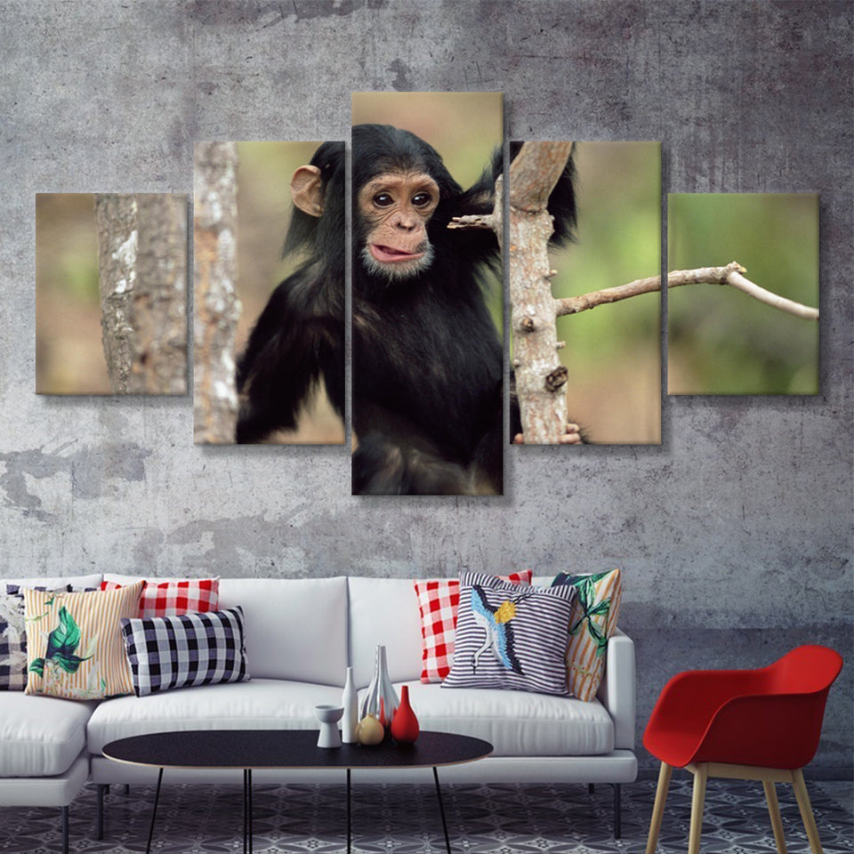 Cute Monkey On Tree  5 Pieces Canvas Prints Wall Art - Painting Canvas, Multi Panels, 5 Panel, Wall Decor