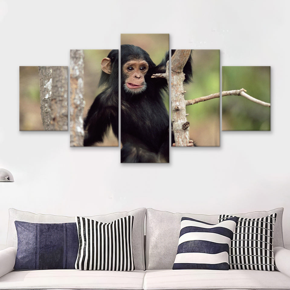 Cute Monkey On Tree  5 Pieces Canvas Prints Wall Art - Painting Canvas, Multi Panels, 5 Panel, Wall Decor