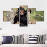 Cute Monkey On Tree  5 Pieces Canvas Prints Wall Art - Painting Canvas, Multi Panels, 5 Panel, Wall Decor