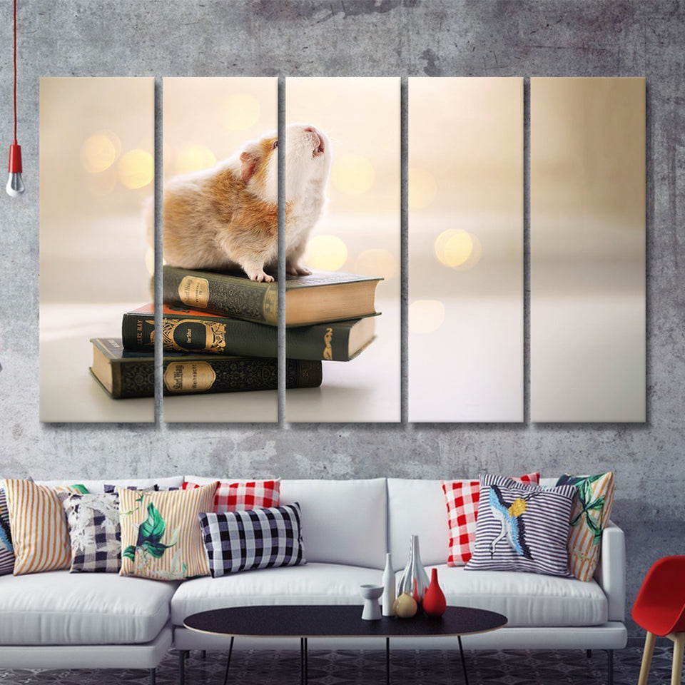 Cute Guinea Pigs On Books 5 Pieces B Canvas Prints Wall Art - Painting Canvas, Multi Panel, Wall Decor, Canvas Art