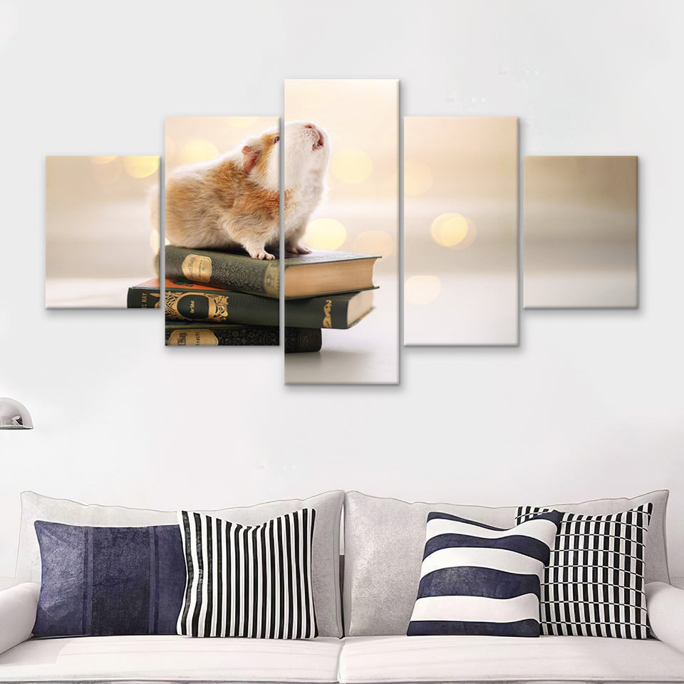 Cute Guinea Pigs On Books 5 Pieces Canvas Prints Wall Art - Painting Canvas, Multi Panel, Wall Decor, Canvas Art