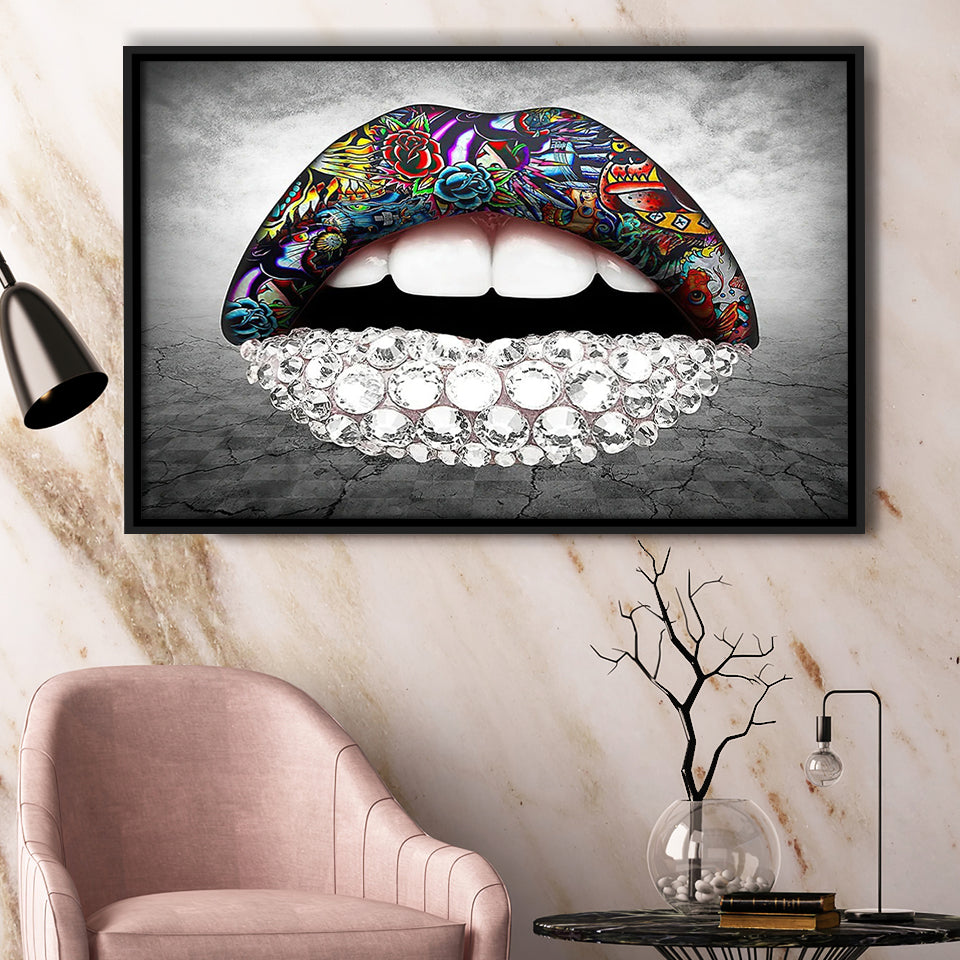Diamond Lips Framed Canvas Prints Wall Art Home Decor - Painting Canvas, Black Frame, Framed Picture