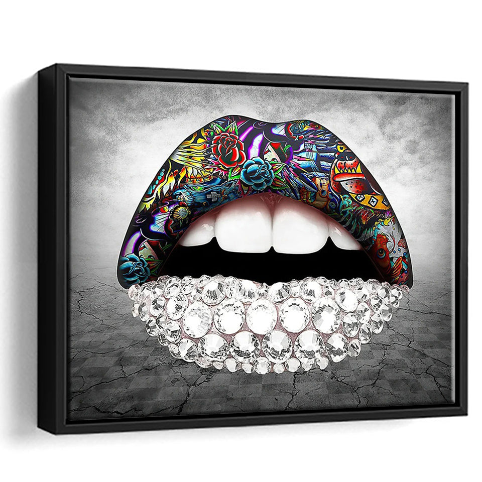 Diamond Lips Framed Canvas Prints Wall Art Home Decor - Painting Canvas, Black Frame, Framed Picture