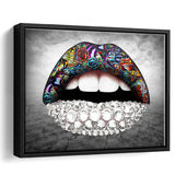 Diamond Lips Framed Canvas Prints Wall Art Home Decor - Painting Canvas, Black Frame, Framed Picture