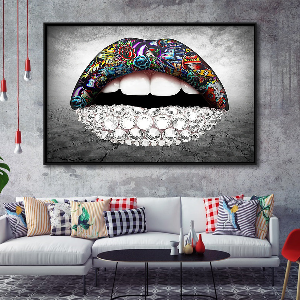 Diamond Lips Framed Canvas Prints Wall Art Home Decor - Painting Canvas, Black Frame, Framed Picture