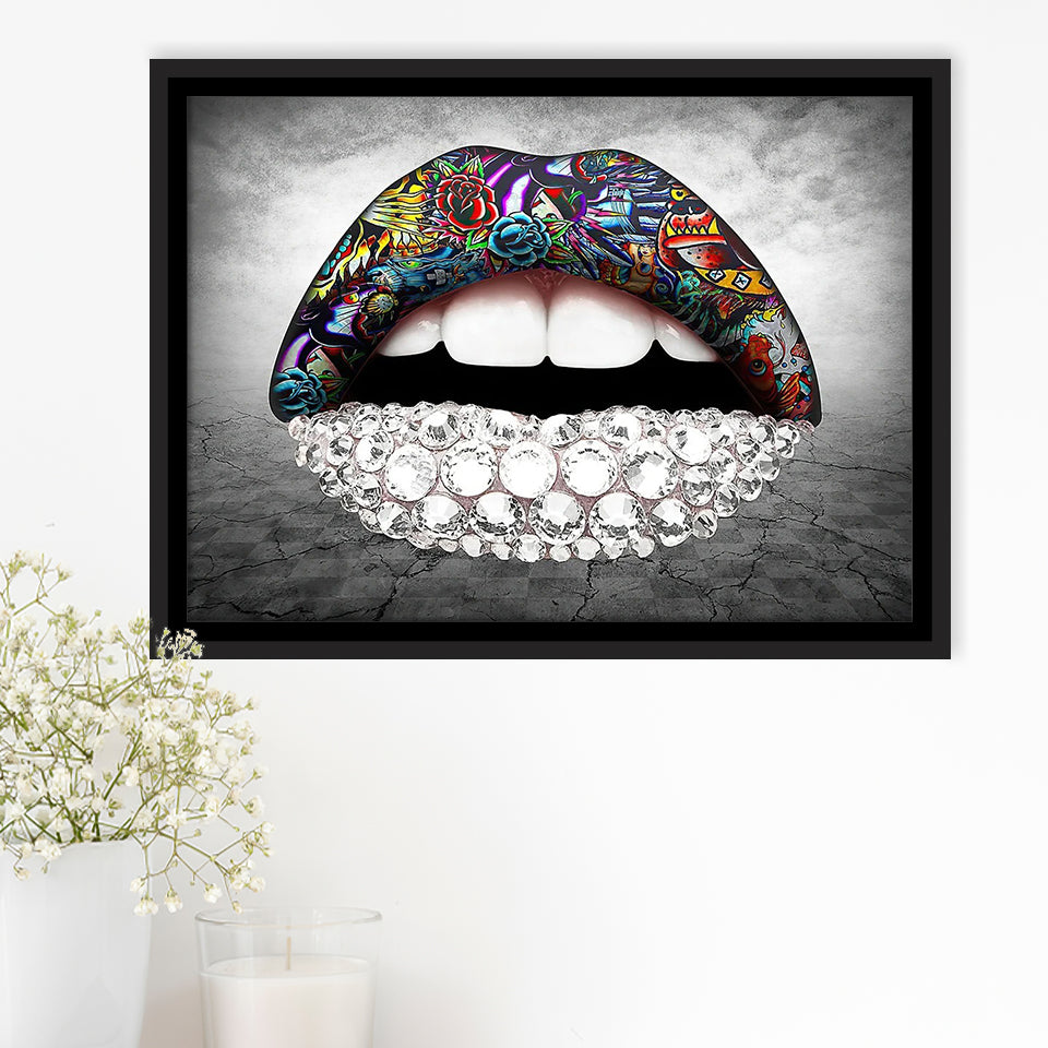 Diamond Lips Framed Canvas Prints Wall Art Home Decor - Painting Canvas, Black Frame, Framed Picture