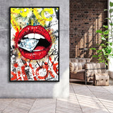 Diamond Red Lips Graffiti Art Framed Canvas Prints Wall Art Decor - Painting Canvas, Floating Frame, Framed Picture
