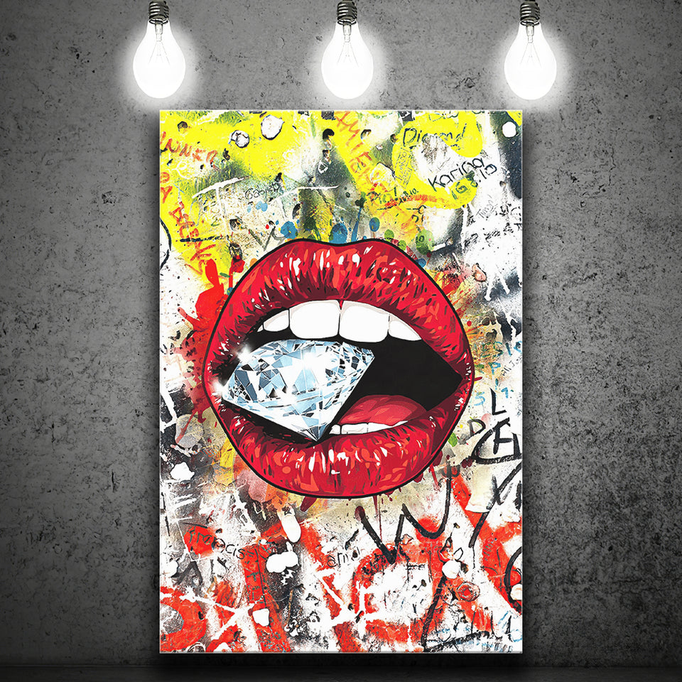 Diamond Red Lips Graffiti Art Canvas Prints Wall Art Decor - Painting Canvas, Home Decor, Art Print, Art For Sale