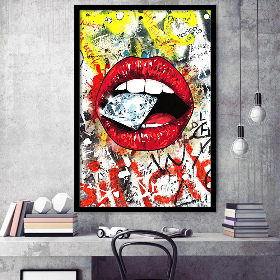 Diamond Red Lips Graffiti Art Framed Art Print Wall Decor - Painting Art, Wall Art, Framed Picture, Black Frame