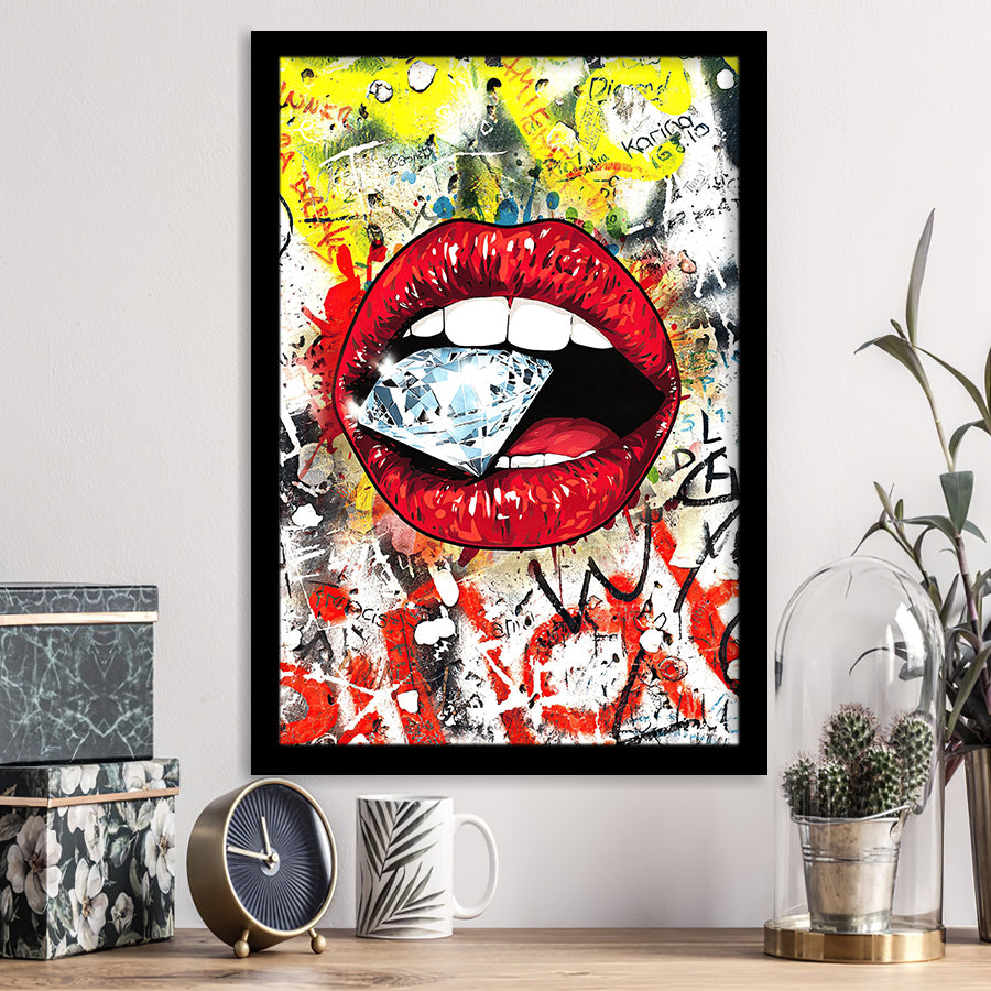 Diamond Red Lips Graffiti Art Framed Art Print Wall Decor - Painting Art, Wall Art, Framed Picture, Black Frame