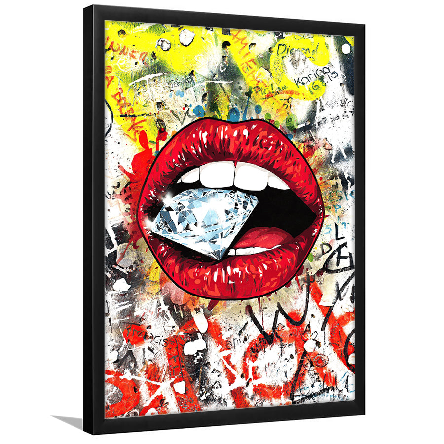 Diamond Red Lips Graffiti Art Framed Art Print Wall Decor - Painting Art, Wall Art, Framed Picture, Black Frame
