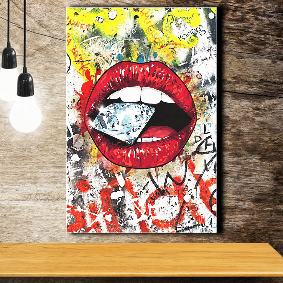 Diamond Red Lips Graffiti Art Canvas Prints Wall Art Decor - Painting Canvas, Home Decor, Art Print, Art For Sale