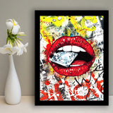 Diamond Red Lips Graffiti Art Framed Art Print Wall Decor - Painting Art, Wall Art, Framed Picture, Black Frame