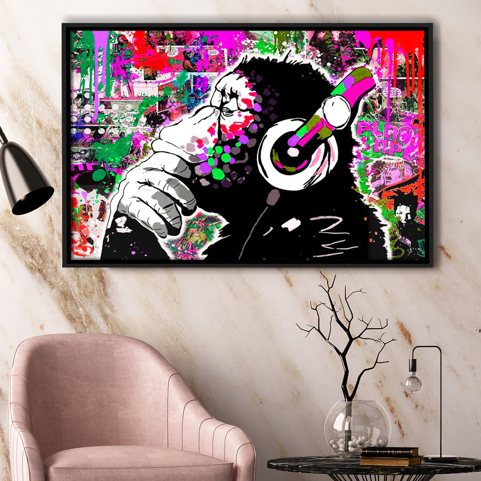 Dj Monkey Thinker Framed Canvas Prints Wall Art Decor - Painting Canvas, Floating Frame, Framed Picture