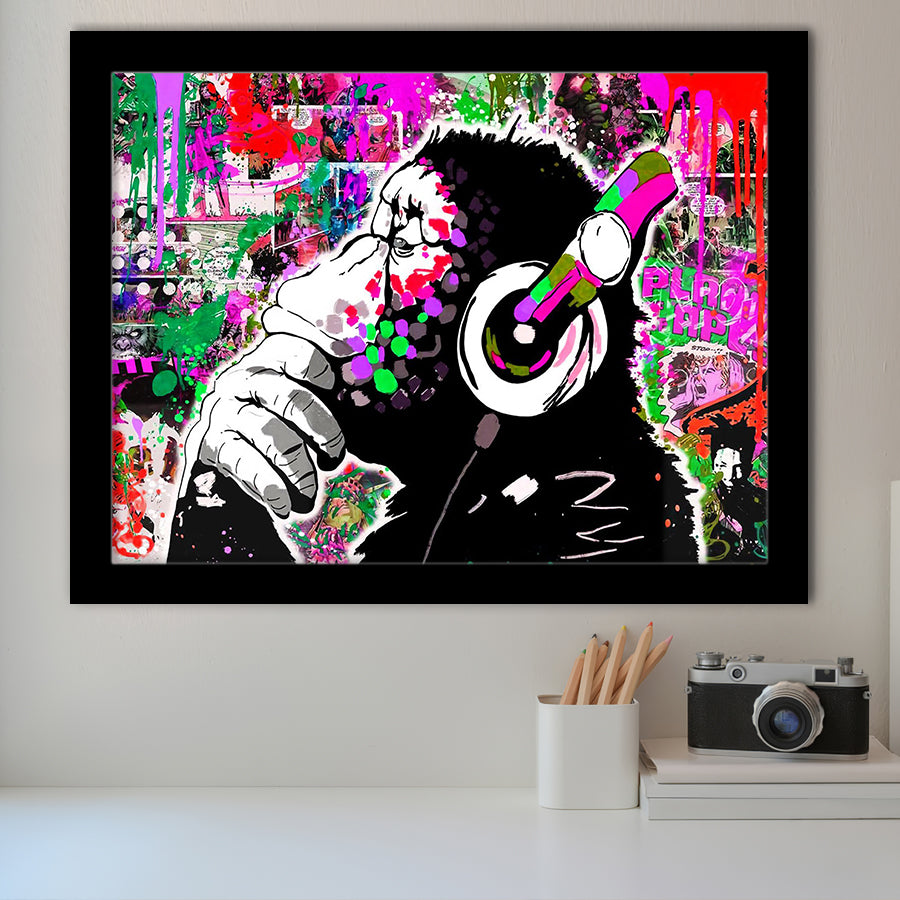 Dj Monkey Thinker Framed Art Print Wall Decor - Painting Art, Wall Art Decor, Framed Picture, Black Frame