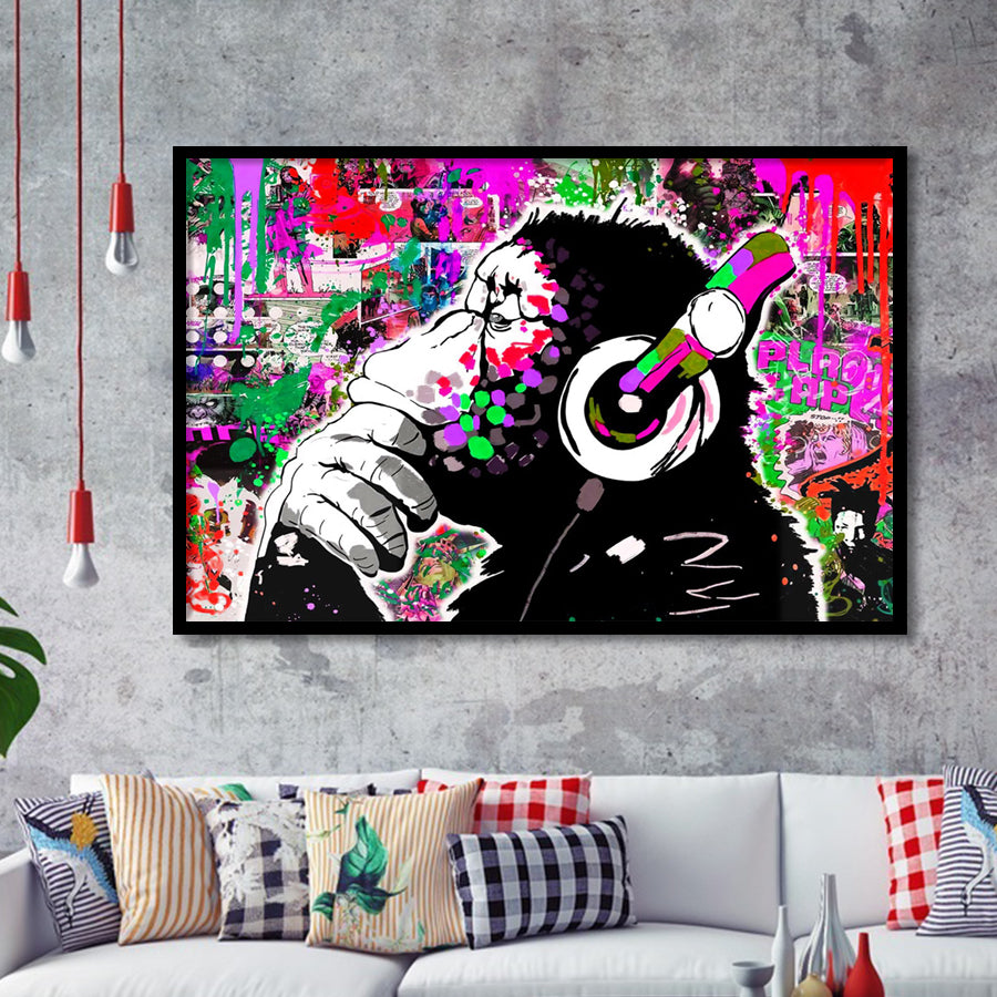 Dj Monkey Thinker Framed Art Print Wall Decor - Painting Art, Wall Art Decor, Framed Picture, Black Frame