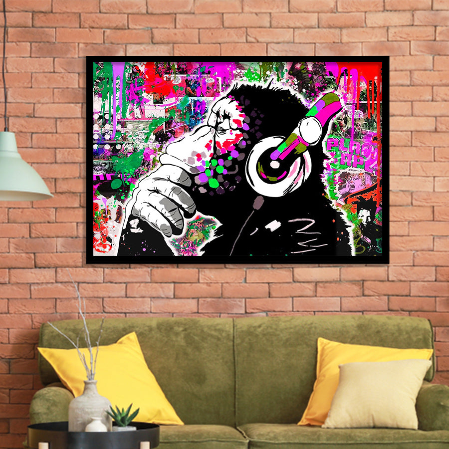 Dj Monkey Thinker Framed Art Print Wall Decor - Painting Art, Wall Art Decor, Framed Picture, Black Frame