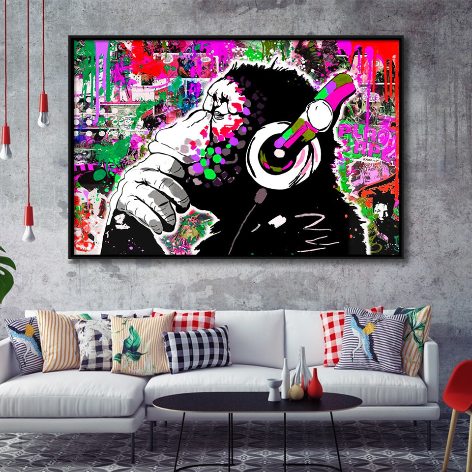 Dj Monkey Thinker Framed Canvas Prints Wall Art Decor - Painting Canvas, Floating Frame, Framed Picture