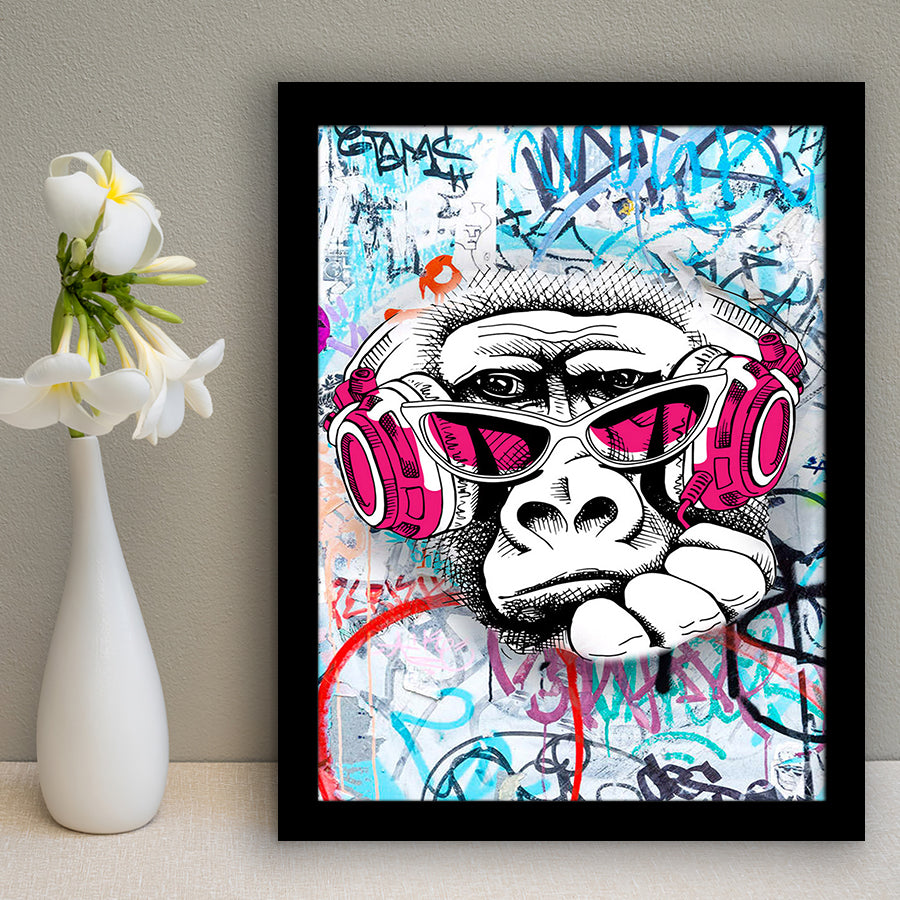 Dj Thinking Monkey Graffiti V6 Framed Art Print Wall Decor - Painting Art, Wall Art, Framed Picture, Black Frame