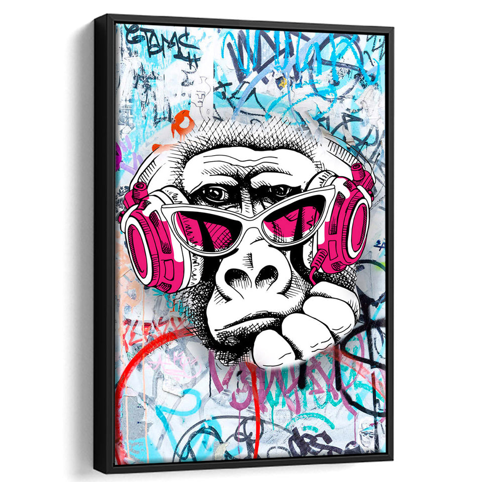 Dj Thinking Monkey Graffiti V6 Framed Canvas Prints Wall Art Decor - Painting Canvas, Floating Frame, Framed Picture