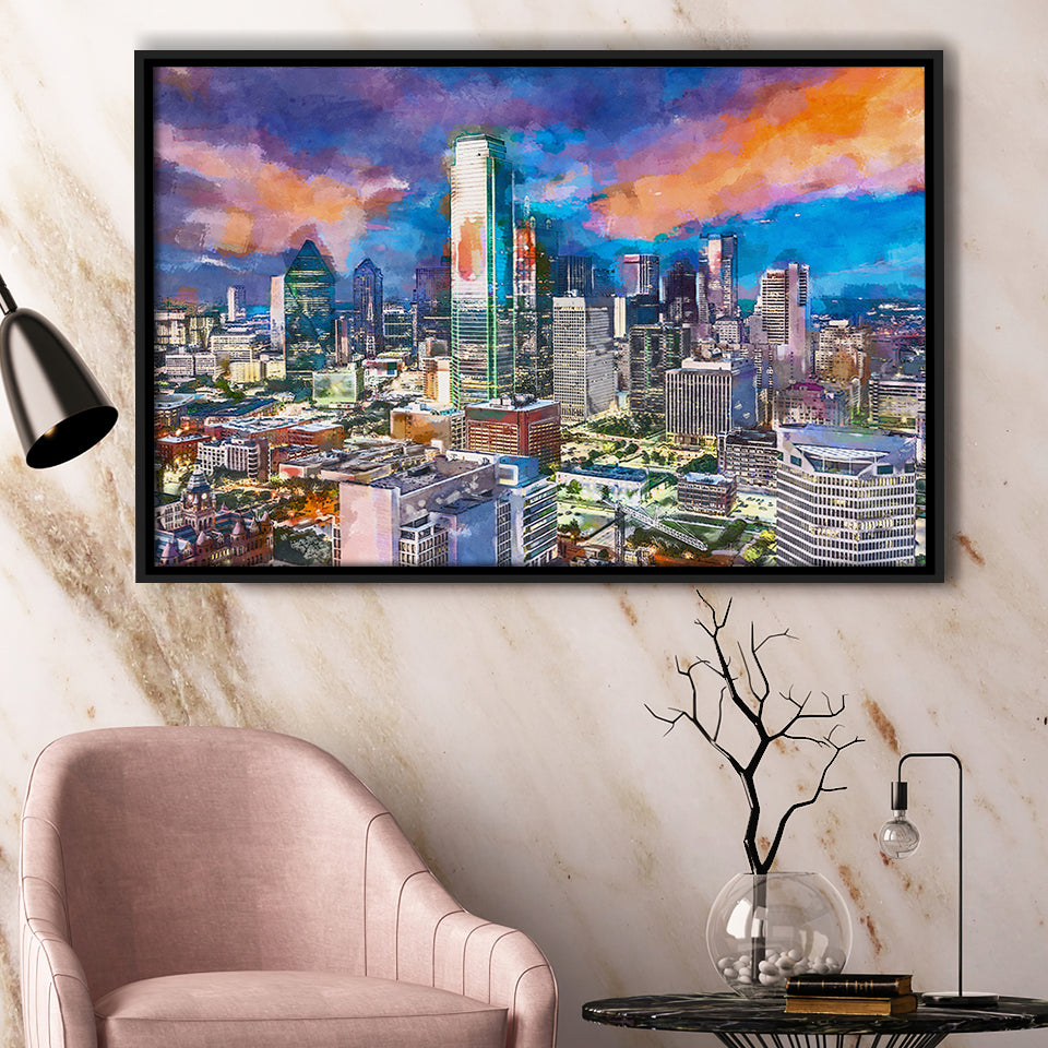 Dallas Texas Usa Downtown City Skyline V1 City Art Watercolor Framed Canvas Prints Wall Art Home Decor,Floating Frame
