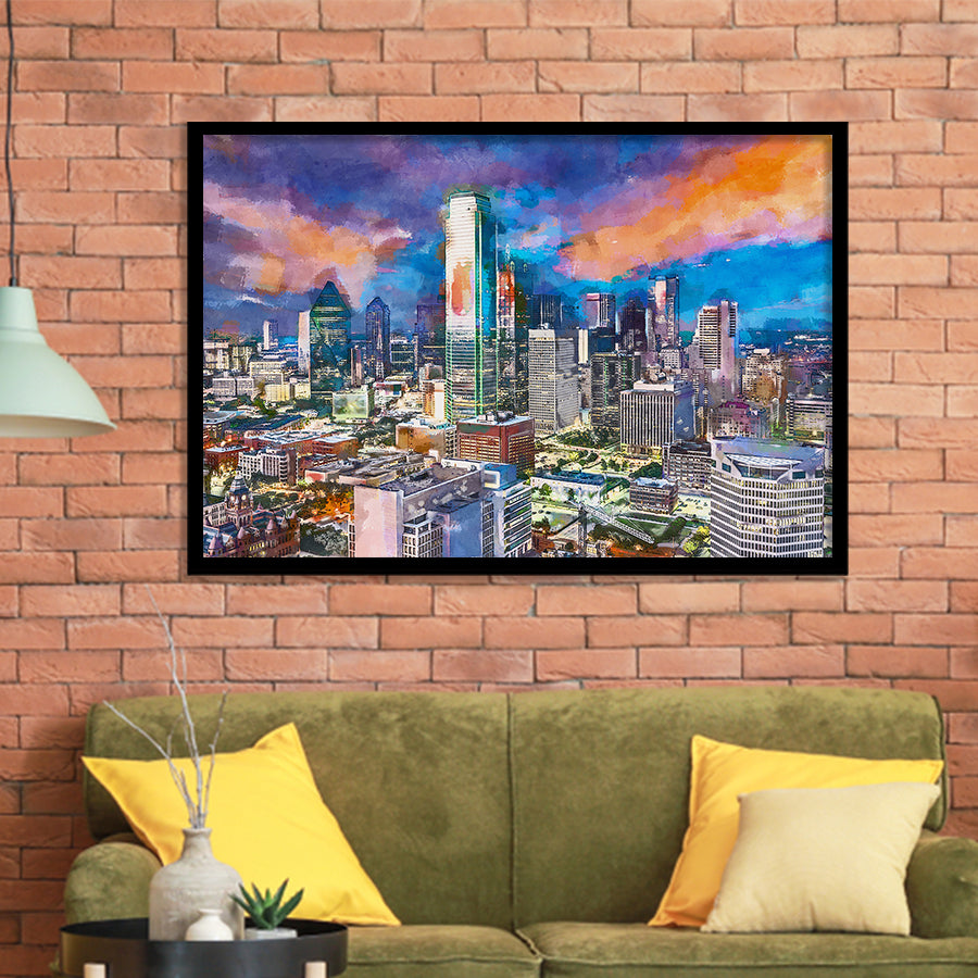 Dallas Texas Usa Downtown City Skyline V1 City Art Watercolor Framed Art Prints Wall Art Decor,Framed Picture