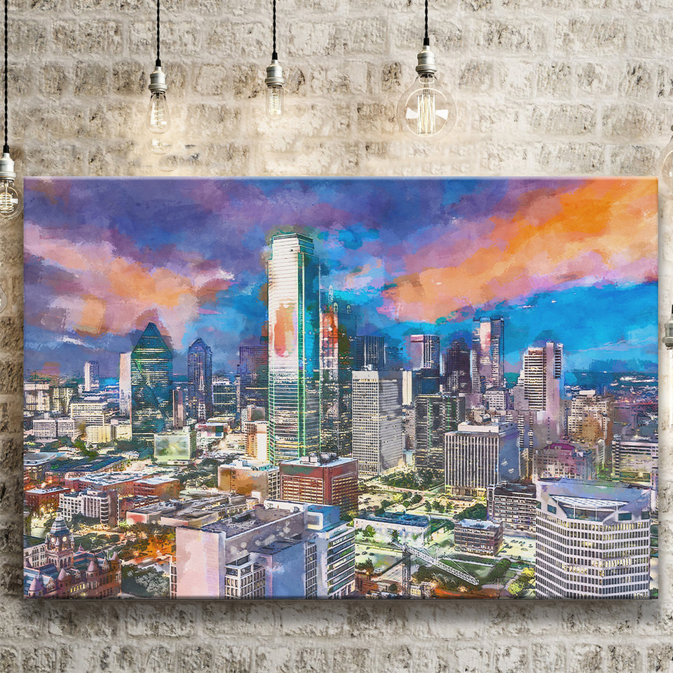 Dallas Texas Usa Downtown City Skyline V1 City Art Watercolor Canvas Prints Wall Art Home Decor, Large Canvas