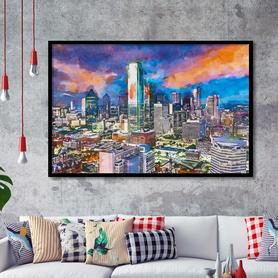 Dallas Texas Usa Downtown City Skyline V1 City Art Watercolor Framed Art Prints Wall Art Decor,Framed Picture
