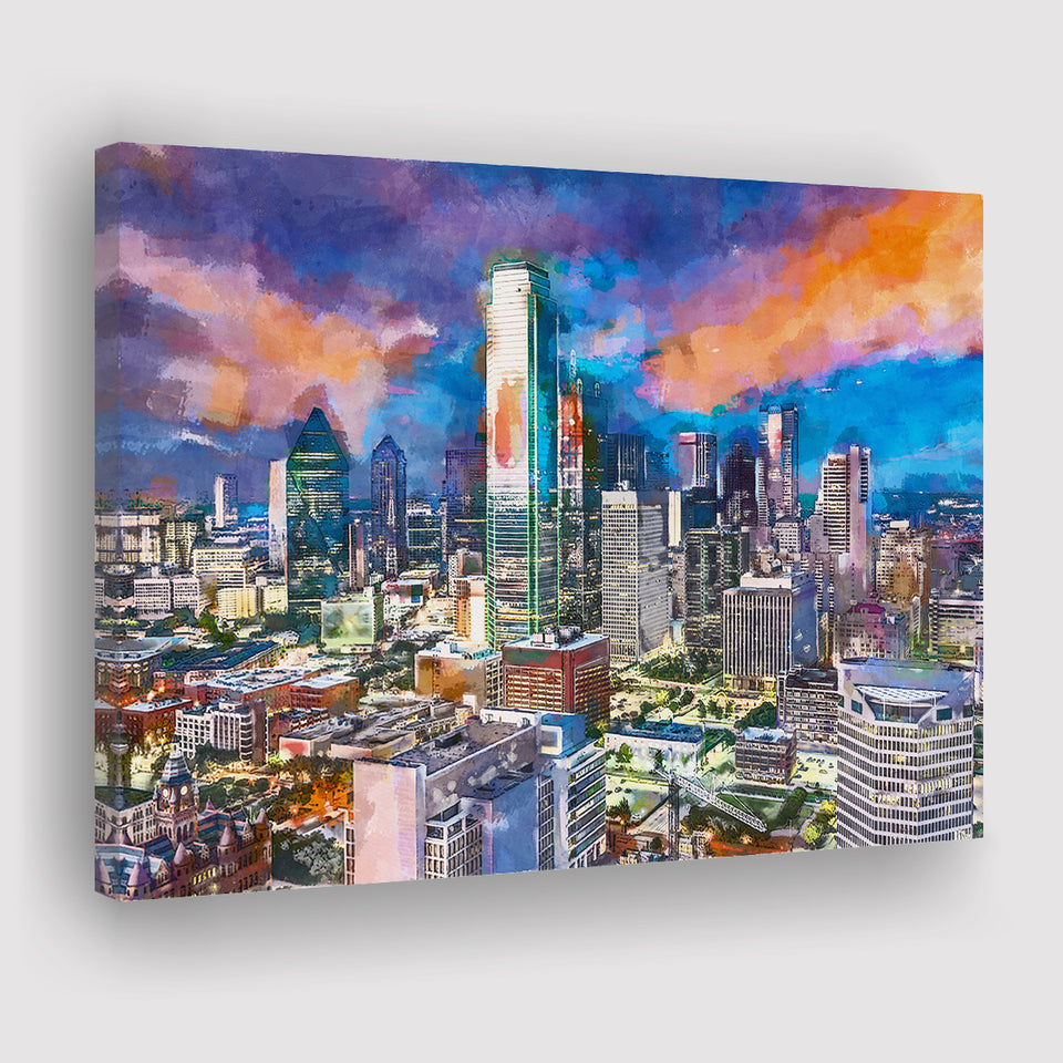 Dallas Texas Usa Downtown City Skyline V1 City Art Watercolor Canvas Prints Wall Art Home Decor, Large Canvas