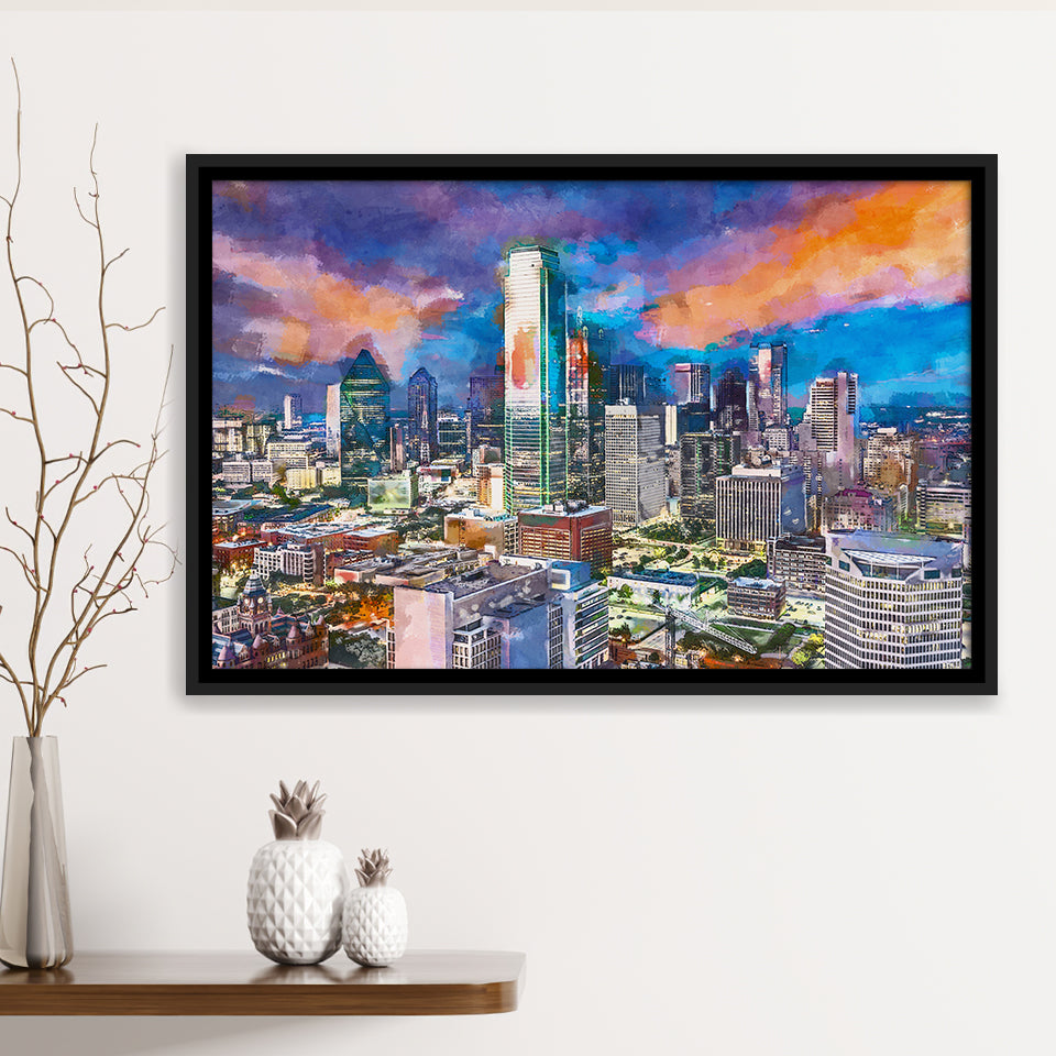 Dallas Texas Usa Downtown City Skyline V1 City Art Watercolor Framed Canvas Prints Wall Art Home Decor,Floating Frame