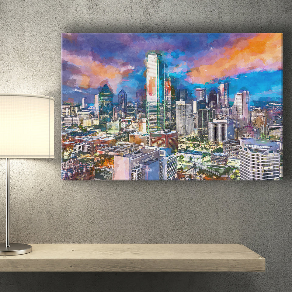 Dallas Texas Usa Downtown City Skyline V1 City Art Watercolor Canvas Prints Wall Art Home Decor, Large Canvas