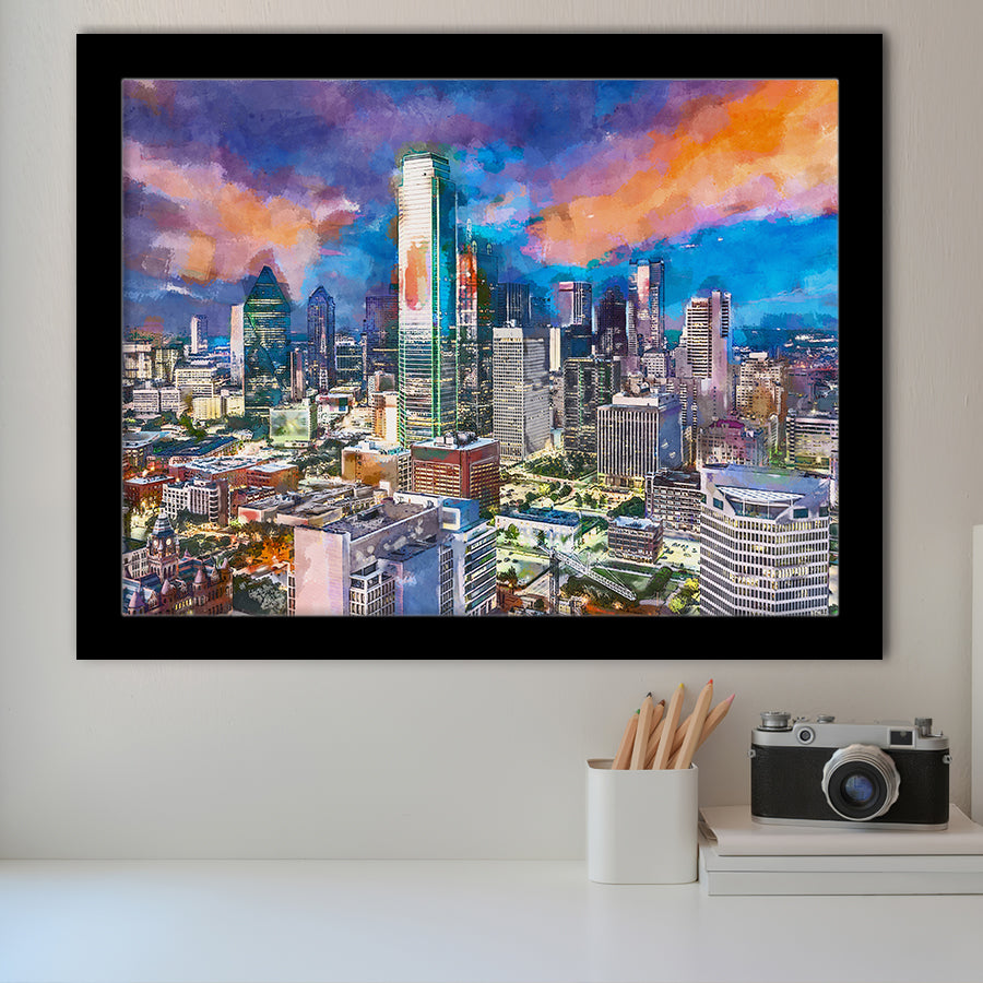 Dallas Texas Usa Downtown City Skyline V1 City Art Watercolor Framed Art Prints Wall Art Decor,Framed Picture