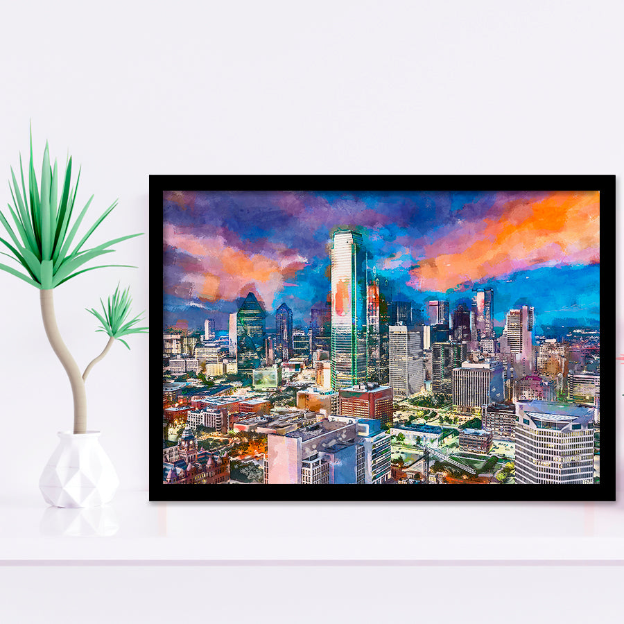 Dallas Texas Usa Downtown City Skyline V1 City Art Watercolor Framed Art Prints Wall Art Decor,Framed Picture