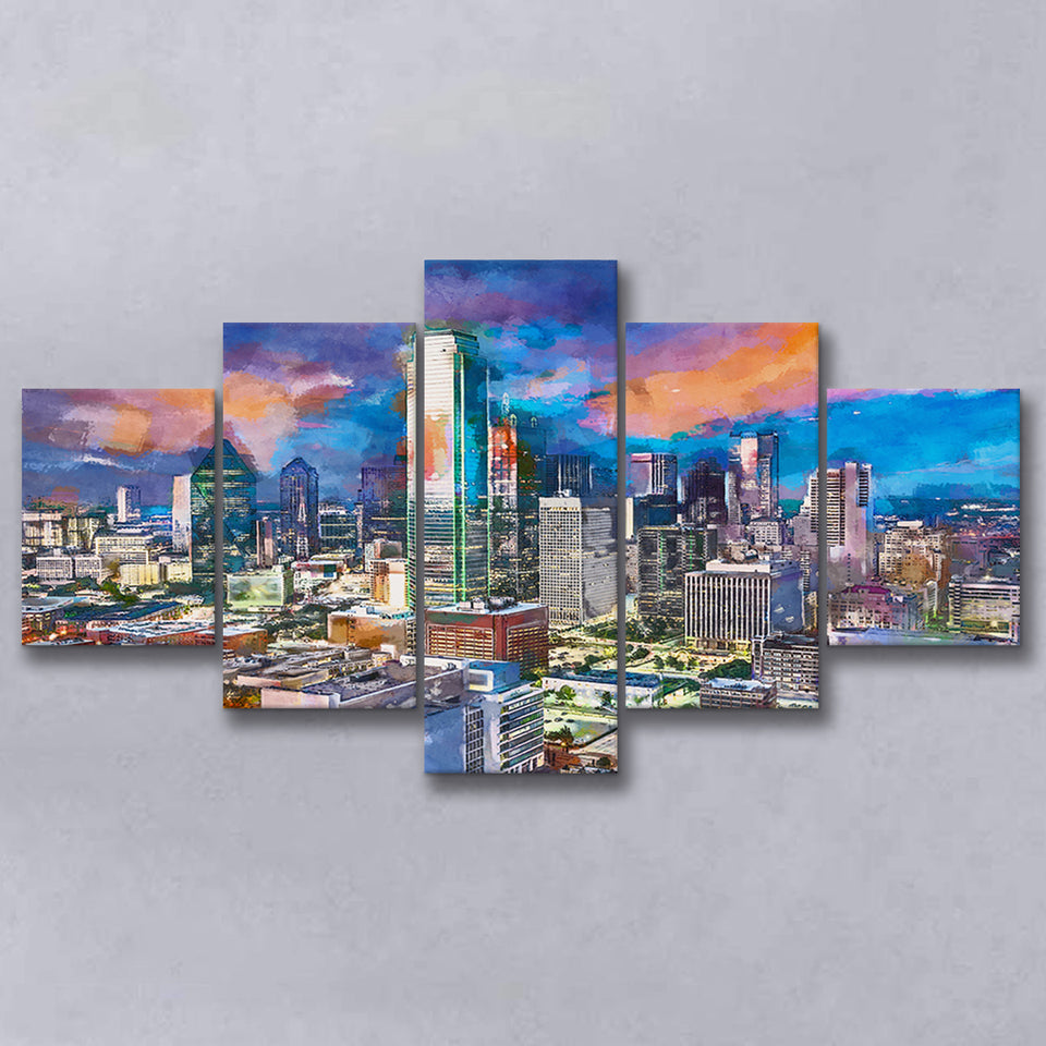 Dallas Texas Usa Downtown City Skyline V1 5 Pieces Mixed Canvas Prints Wall Art Home Decor